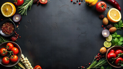 Vegetables and Spices on Black Background with Copy Space in Center