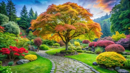 Vibrant big leaf maple tree stands tall in a serene garden surrounded by lush greenery, colorful flowers, and a meandering stone pathway.