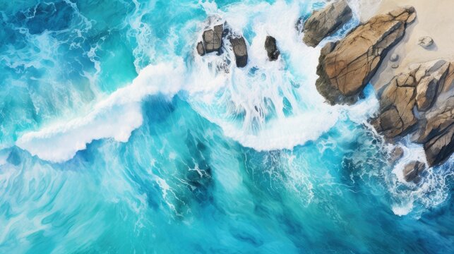 Waves crashing on a rocky coastline seen from above