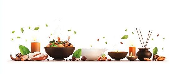 vegetarian festival with religious rituals, holy plant-based food arrangements, candles and incense, cultural reverence, isolated on white background