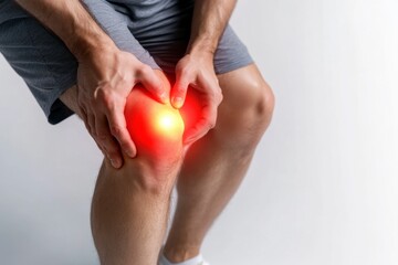 Knee Injury Highlighted, Close-up of a person clutching their knee with intense pain, Medical and health focus.