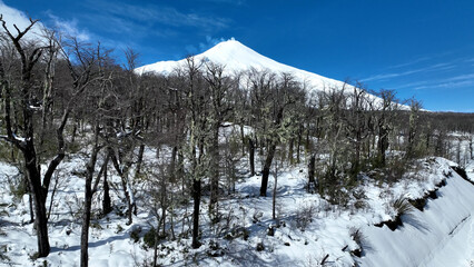 Drone Take Off At Frozen Forest In Pucon Chile. Volcano Scenery. Snow Capped Mountain. Nature Aerial View. Frozen Forest Chile. Winter Landscape. Drone Take Off At Frozen Forest In Pucon Chile.