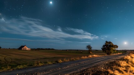 Fototapeta premium Night sky with stars, clouds and a country road