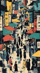 Fototapeta premium The artwork showcases a busy urban street alive with pedestrians, market stalls, and bright awnings, capturing evening activity and energy