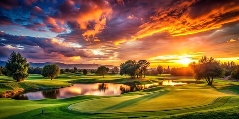 Serene Sanctuary on the Greens: Tranquil golf course, serene sunset sky, harmonious colors