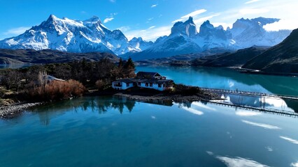 National Park Of Torres Del Paine In Punta Arenas Chile. Snowy Mountains. Glacial Scenery. Punta...