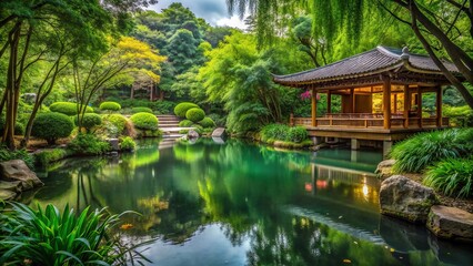 Serene Sanctuary: Tranquil pond, lush greenery, soothing sounds, contemplative refuge