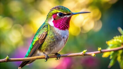 Obraz premium Vibrant Calliope hummingbird perches on a delicate branch, its iridescent feathers glimmering in the sunlight, showcasing its bright green throat patch and striking plumage.