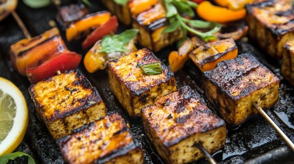 Grilled tofu skewers with vegetables on a barbecue grill, seasoned to perfection. Ideal for vegan and vegetarian cuisine visuals.