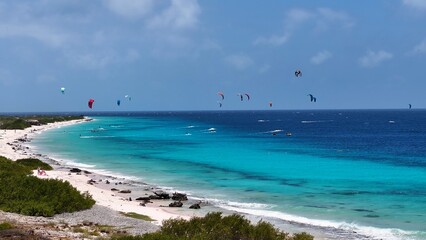 Kiteboarding Bonaire At Kralendijk In Bonaire Netherlands Antilles. Aquatic Sports. Beach Landscape. Kralendijk At Bonaire Netherlands Antilles. Tourism Background. Nature Seascape.