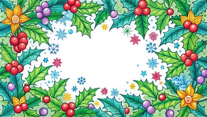 Vibrant Christmas-themed coloring frame with holly, berries, and snowflakes surrounding a blank area, perfect for adding personalized holiday messages or artwork.