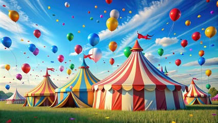 Obraz premium Vibrant circus scene with balloons, confetti, and colorful tents set against a clear blue sky, perfect for adding fun and excitement to any design.