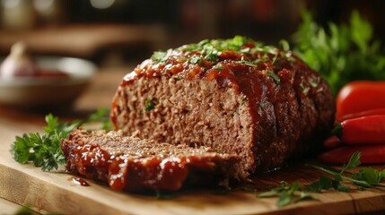 Homemade meatloaf with fresh herbs and glaze on a wooden cutting board, ready to be served. A perfect, hearty meal for family dinners.