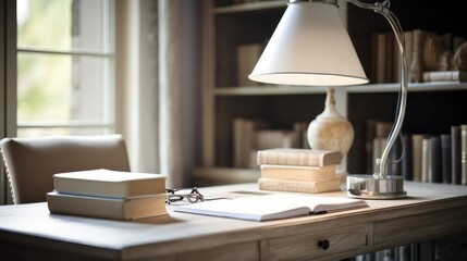 Obraz premium White desk with a neat stack of notebooks and a stylish lamp