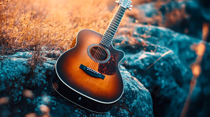 A close-up view of an acoustic guitar resting on rocks in a natural setting, bathed in warm, golden sunlight.
