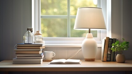 White desk with a neat stack of notebooks and a stylish lamp