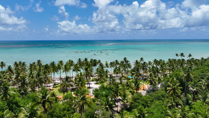 Tropical Beach At Maragogi In Alagoas Brazil. Tourism Landscape. Caribbean Background. Travel Scenery. Vacations Destinations. Seaside Scene. Tropical Beach At Maragogi In Alagoas Brazil. 