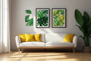 A bright living room featuring a modern white sofa, vibrant yellow pillows, and tropical leaf artwork that radiates a refreshing ambiance.