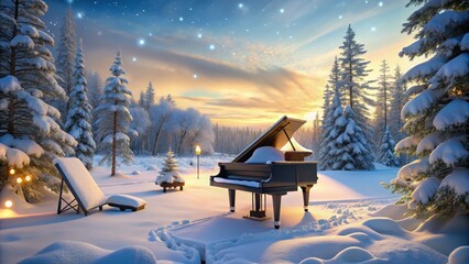 Snowfall Symphony: White snowy landscapes, gentle bells, piano melodies, peaceful