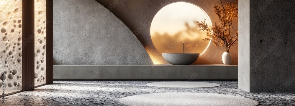 Poster 65. sleek 3d geometric render with dynamic patterns and a rich circle ceramic backdrop