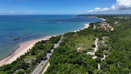 Curuipe Beach In Porto Seguro Bahia Brazil. Idyllic Beach. Nature Landscape. Bahia Brazil. Tourism Background. Curuipe Beach In Porto Seguro Bahia Brazil. Peaceful Scenery Of Tourism.