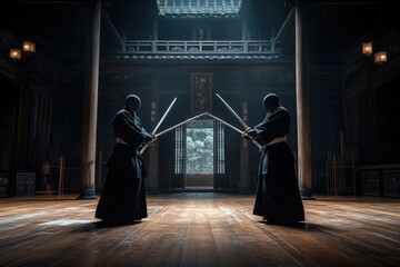 Two kendo practitioners engage in a spirited sparring session in a traditional dojo hall, showcasing their skills and the art of Japanese sword fighting with intense focus.