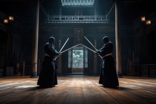 Two kendo practitioners engage in a spirited sparring session in a traditional dojo hall, showcasing their skills and the art of Japanese sword fighting with intense focus.