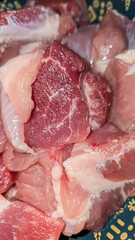 Pork goulash for home cooking cut into large cubes. Home cooking, raw meat.