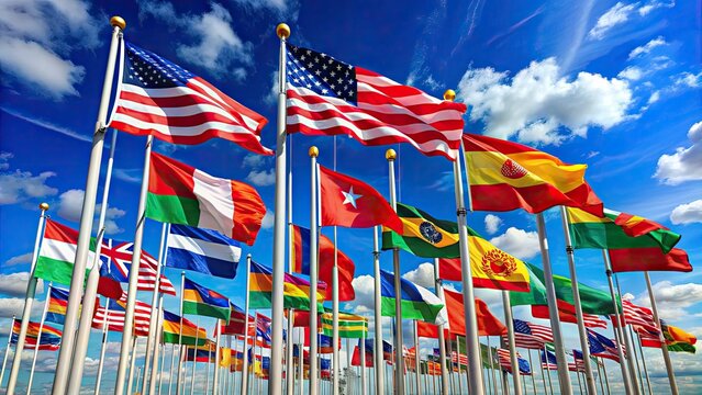 Vibrant colored flags of different countries waved together in unity against a bright blue sky, symbolizing global harmony, diversity, and international cooperation.