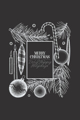 Christmas Hand Drawn Vector Chalk Board Design Template. Vintage Style Botanical Illustration. Winter Holidays Plants Xmas Banner.
