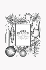 Christmas Hand Drawn Vector Greeting Card Design Template. Vintage Style Botanical Illustration. Winter Holidays Plants Xmas Banner.