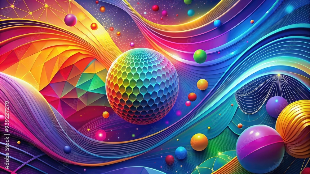 Poster vibrant colorful abstract background featuring a stylized blob shape with geometric patterns and swi