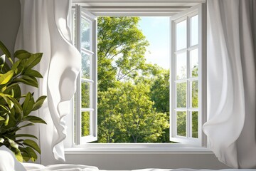 Fototapeta premium Bright and airy window view featuring lush green trees, perfect for conveying peaceful nature and relaxation themes.