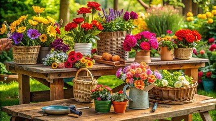 Vibrant colorful blooms arranged in baskets and vases on a rustic wooden table, surrounded by gardening tools and signage advertising a flower sale.