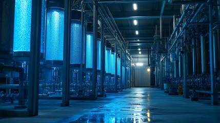 Obraz premium Industrial interior with large tanks glowing blue. Modern technological facility. Futuristic and clean environment.