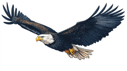 Fototapeta premium A bald eagle is in flight against a white background.