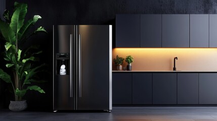 Modern kitchen featuring a sleek black refrigerator against dark cabinetry with a stylish plant accent.