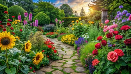 Obraz premium Vibrant colorful flowers, including roses, daisies, and sunflowers, bloom in a lush green garden surrounded by stone pathways and a serene natural landscape.
