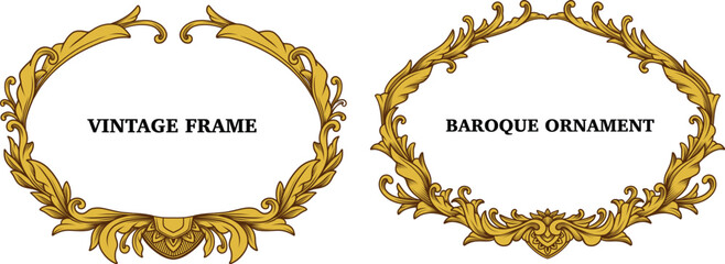 Set of fancy Gold oval frames. Antique border frame with arabesque, swirl, filigree element. Luxury decorative mirror cover. Vintage framework retro elegant