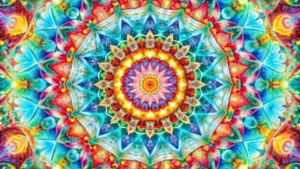 Vibrant colorful geometric patterns and shapes converge in perfect symmetrical harmony, creating a mesmerizing kaleidoscope of abstract art against a stark white background.