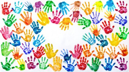Obraz premium Vibrant colorful handprint art with small finger impressions and thumbs forming a creative border around a white background, symbolizing innocence and childhood creativity.