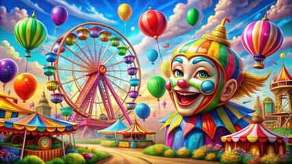 Vibrant colorful icons of Ferris wheel, carnival masks, balloon animals, and cotton candy swirl together in a whimsical illustration evoking joyful fairground memories.