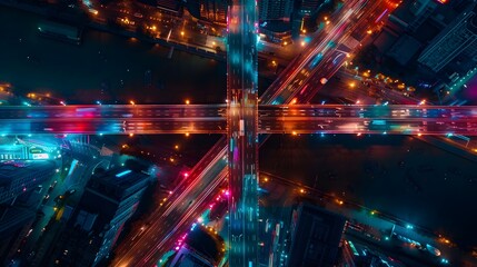 Fototapeta premium Night City Crossroads: Aerial View of Urban Infrastructure