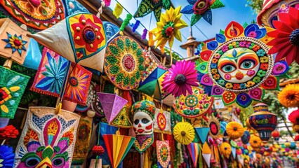 Fototapeta premium Vibrant colorful papier-mâché flyers adorn the streets, decorated with flags, flowers, and intricate designs, capturing the festive essence of Mexican culture and celebrations.