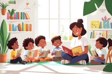 A vibrant classroom scene where a teacher captivates a group of smiling children with an engaging story. The atmosphere is filled with enthusiasm and curiosity as the children listen intently.
