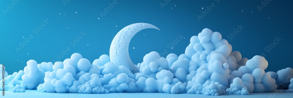 Poster A 3D icon of a crescent moon partially covered by clouds representing a cloudy night sky designed in a simple and elegant style