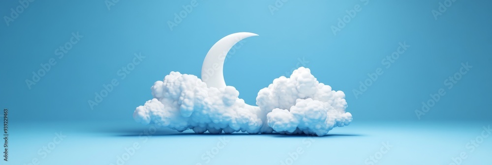 Poster a 3d icon of a crescent moon partially covered by clouds representing a cloudy night sky designed in