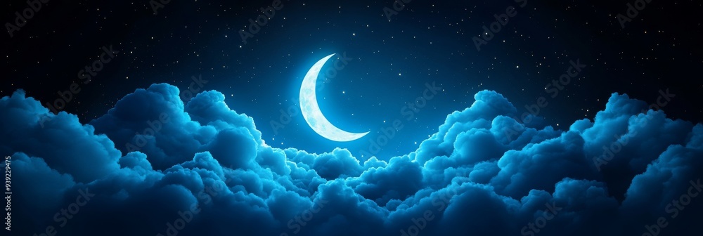 Poster A 3D icon of a crescent moon partially covered by clouds representing a cloudy night sky designed in a simple and elegant style