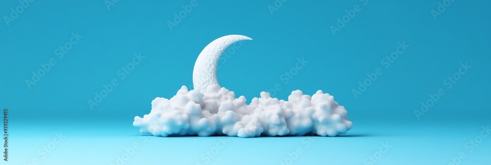 Poster a 3d icon of a crescent moon partially covered by clouds representing a cloudy night sky designed in