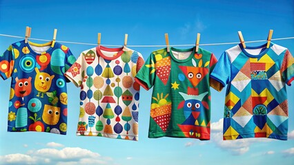 Vibrant colorful t-shirts hanging on a clothesline, each featuring a different playful vector pattern, from geometric shapes to fun animal designs, against a bright blue sky.